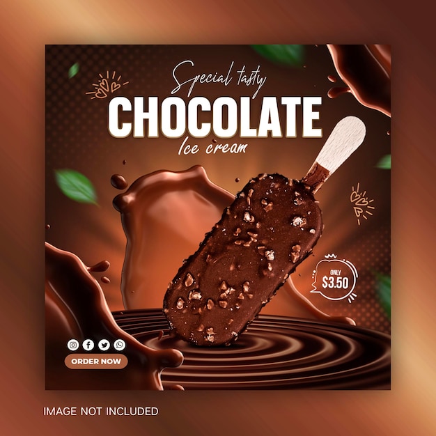 Chocolate Splash com delicioso sorvete de chocolate banner de mídia social Instagram post design