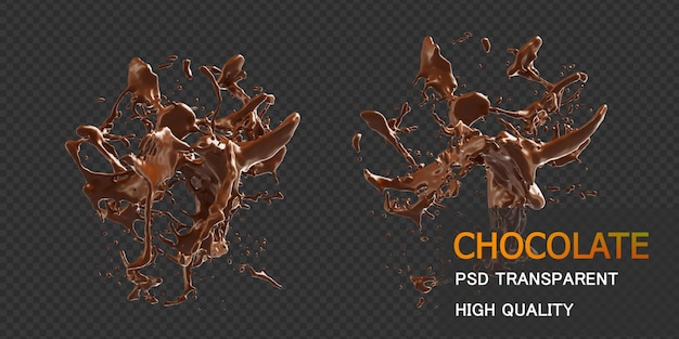 Chocolate Splash mit Tröpfchen 3D-Rendering Premium PSD