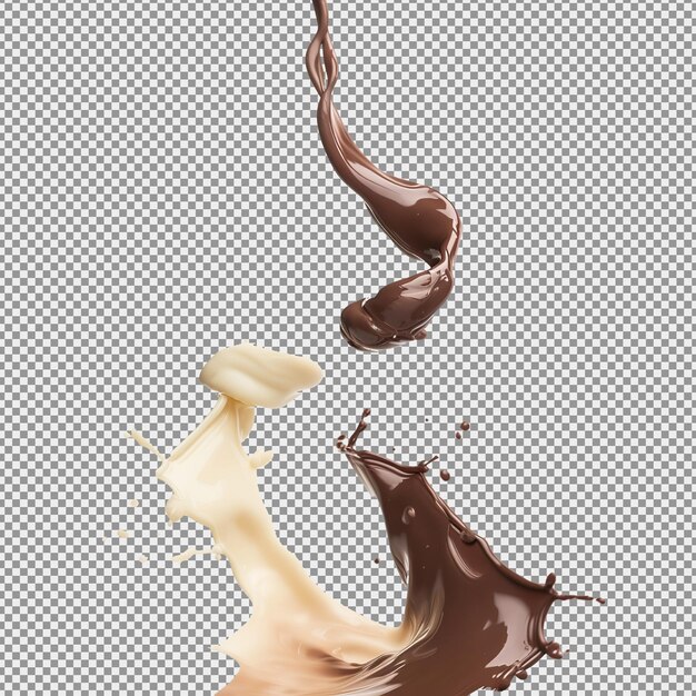 PSD chocolate y vainilla remolino cayendo mockup salpicaduras de ambos batido de leche aislado en fondo blanco