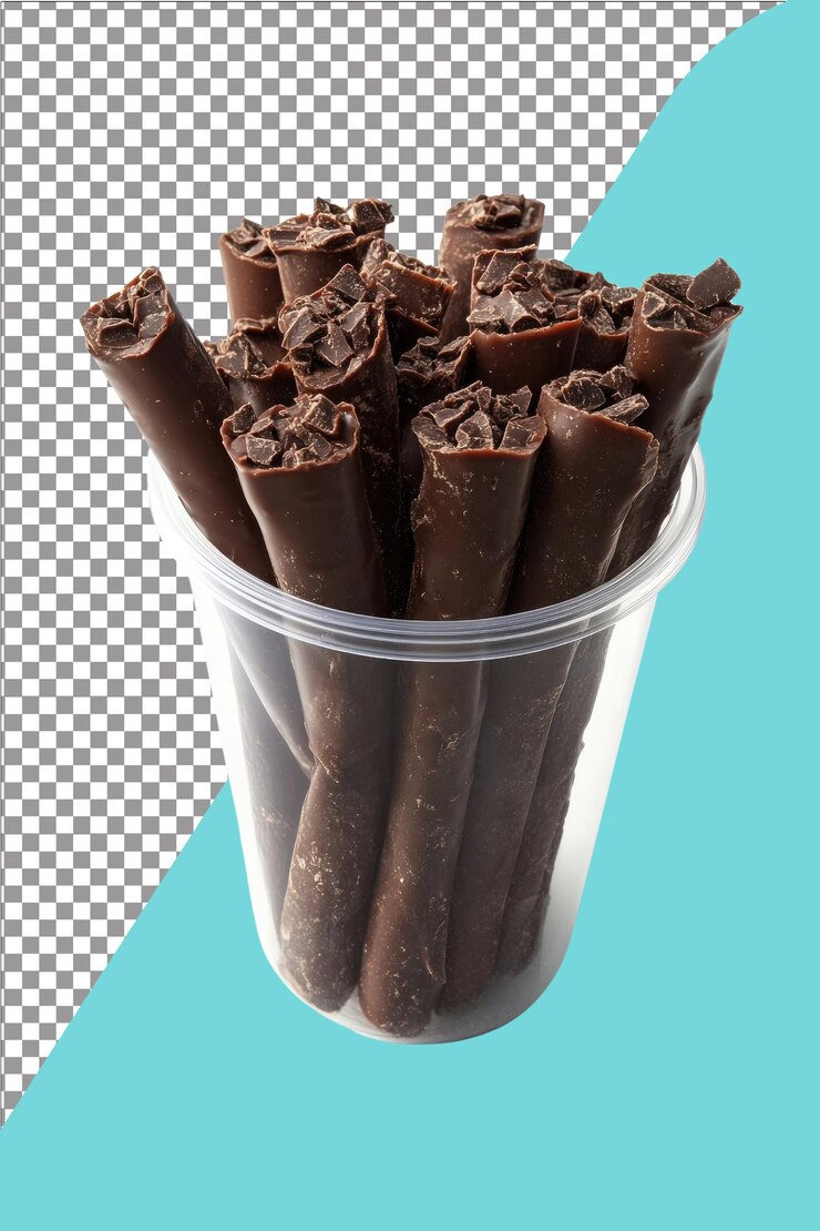 Chocolate Wafer Rolls en cuenco de plástico transparente hiperrealista aislado blanco llano trasfondo transparente
