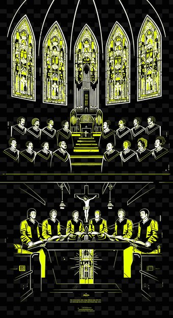 PSD chœur gospel chantant dans une église avec vitraux fenêtres illustration vectorielle idée d'affiche musicale