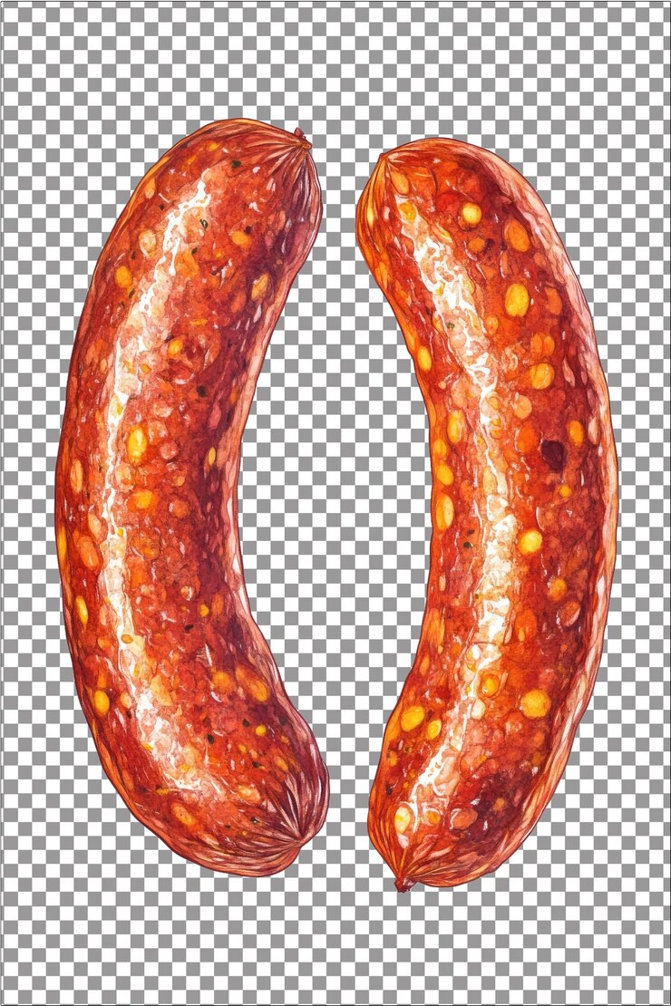 PSD chorizo salchicha picante perfecta para asar a la parrilla hiperrealista blanco aislado plano transparente fondo