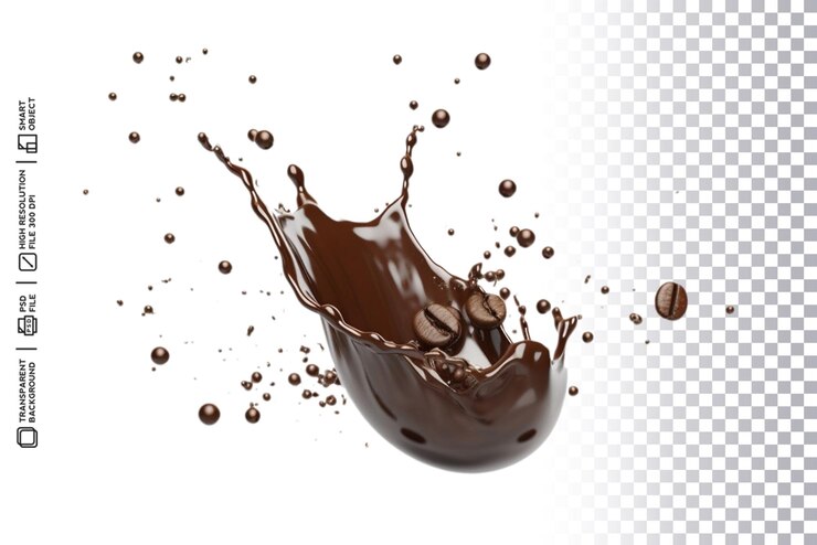 PSD un chorrito de café con chocolate y granos de café en el aire.