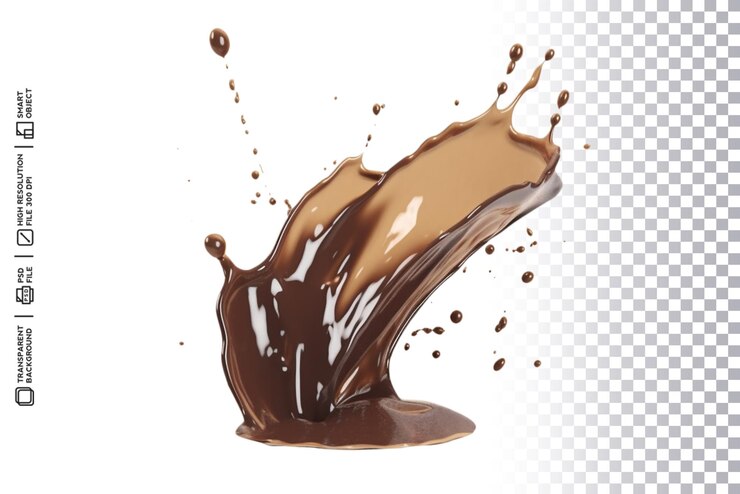 Un chorrito de chocolate con salpicaduras y gotas de chocolate sobre un fondo transparente