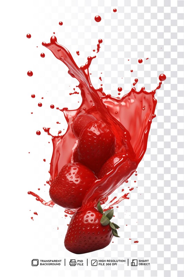 Un chorrito de jugo de fresa roja sobre un fondo transparente