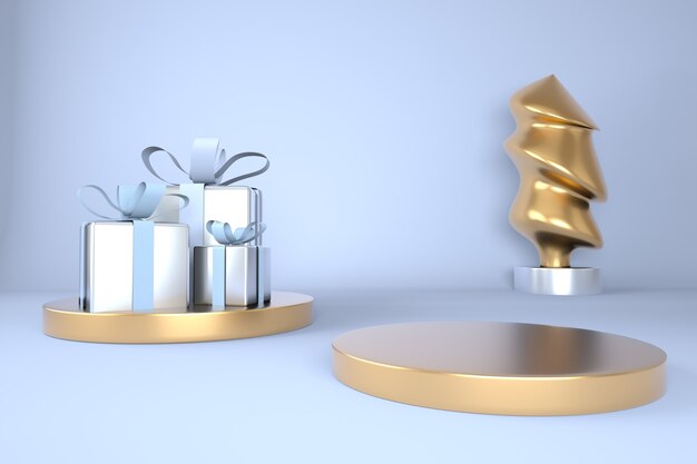 Christmas background with Christmas tree and stage for product displayin 3d rendering