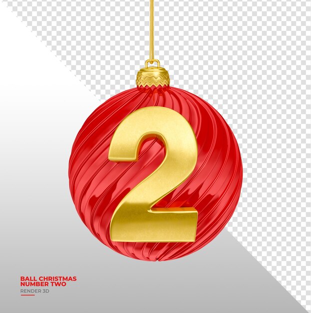 christmas ball with number two in realistic 3d render with transparent background