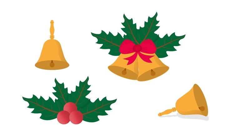 PSD christmas bells and holly leaves with red berries festive holiday decoration vector
