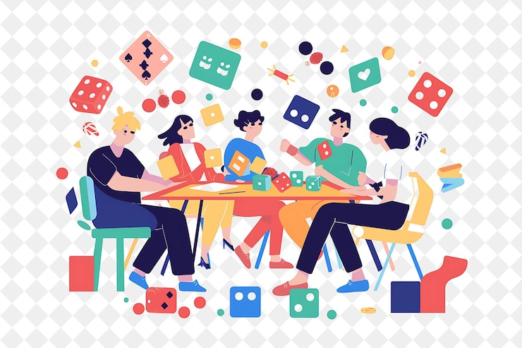 PSD christmas game night with characters playing board games and illustration christmas art design