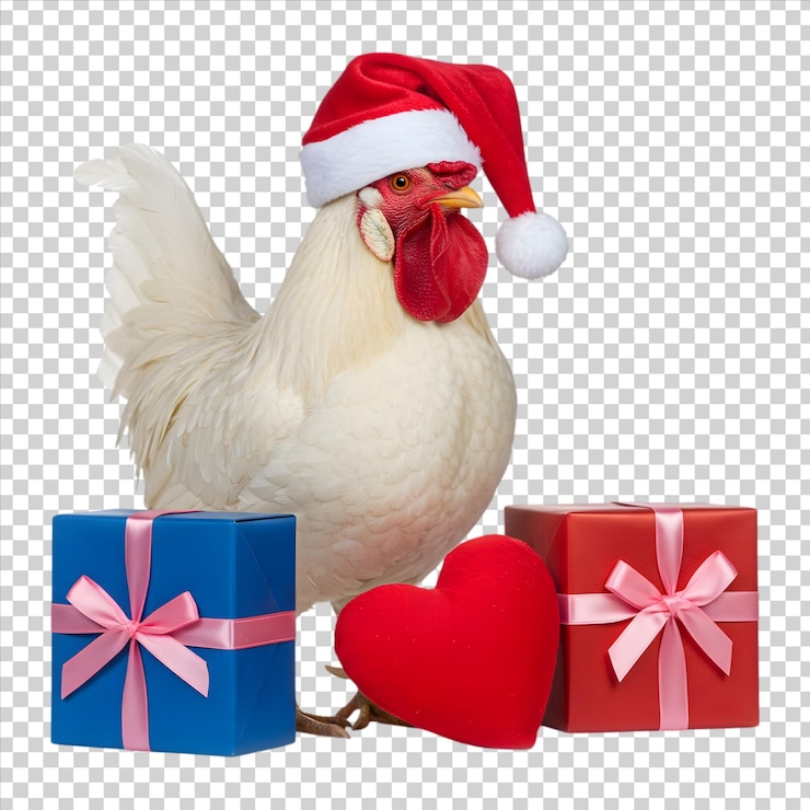 PSD christmas rooster with santa hat gift box and red hart isolated on a transparent background