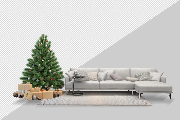 Christmas tree and armchair in 3d rendering