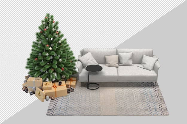 Christmas tree and armchair in 3d rendering