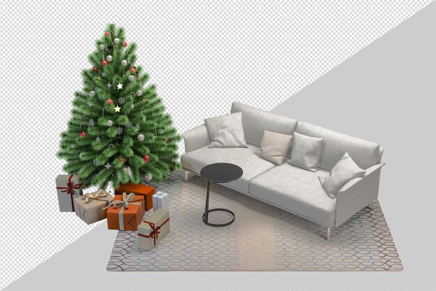 Christmas tree and armchair in 3d rendering
