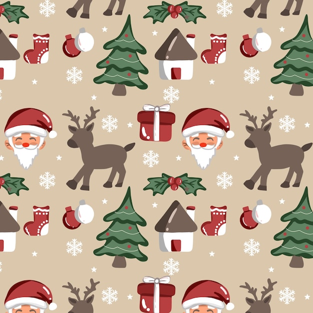 Christmas wrapping paper design with pastel color Santa character reindeer and Christmas tree