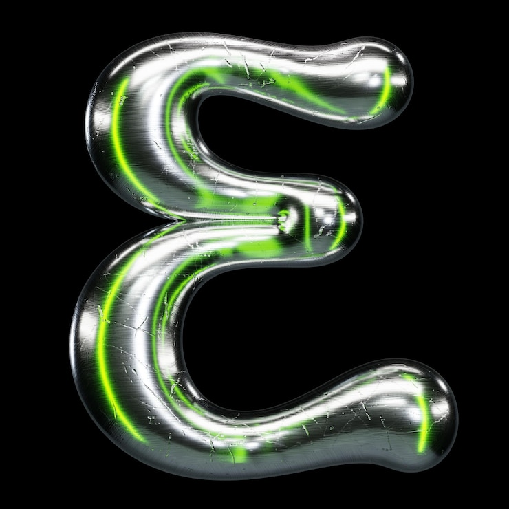 PSD chrome letter e with neon green accents