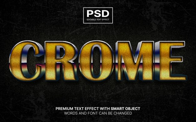 Chrome realista 3D com efeitos de texto editáveis de textura dourada
