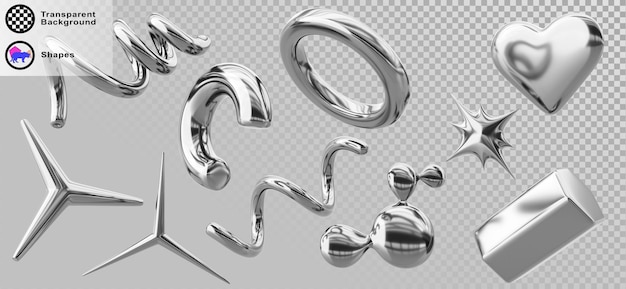 Chrome y2k formas abstractas conjunto de iconos de renderización 3D brillo plateado corazón inflable estrella en espiral línea anillo hexágono metal líquido metaball de acero o mercurio objetos futuristas retro