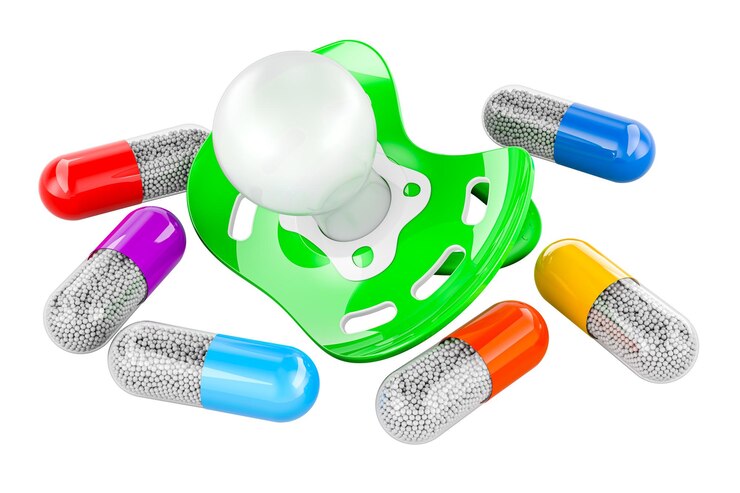 PSD chupete para bebés con cápsulas de medicamentos alrededor del concepto de baby medicine renderizado en 3d aislado sobre un fondo transparente