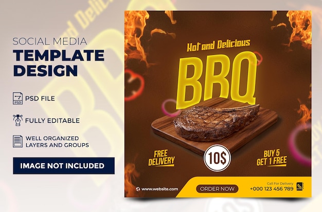 PSD churrasco quente e delicioso ou design de postagem de mídia social para churrasco