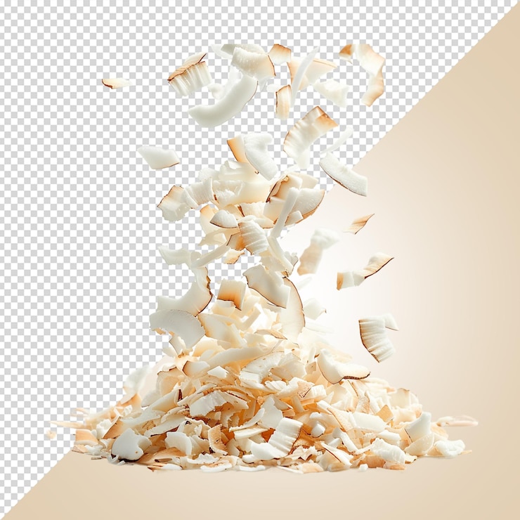 PSD chute de flocons de noix de coco secs isolés sur un fond transparent
