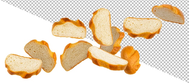 PSD chute de tranches de pain blanc isolé sur fond blanc
