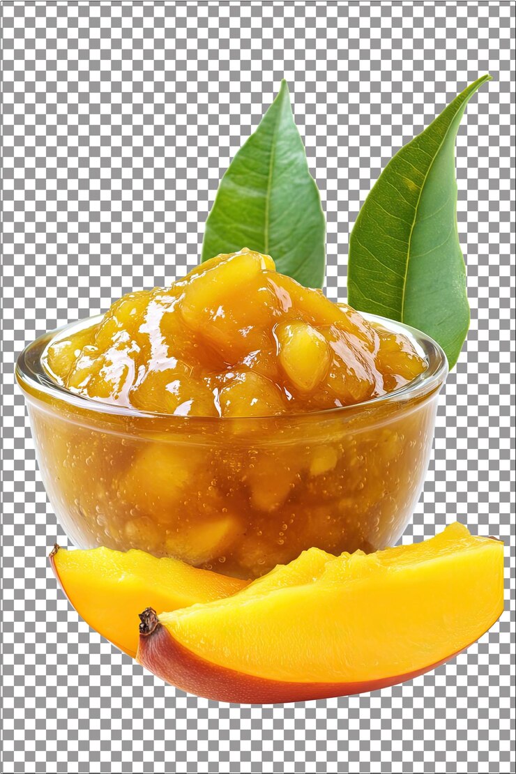 PSD chutney de mango condimento dulce y picante genial con carnes hiperrealista blanco aislado trans