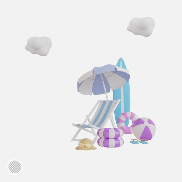 Ciao concetto di vacanza banner design estivo. ombrellone sfondo blu rendering 3d isolato