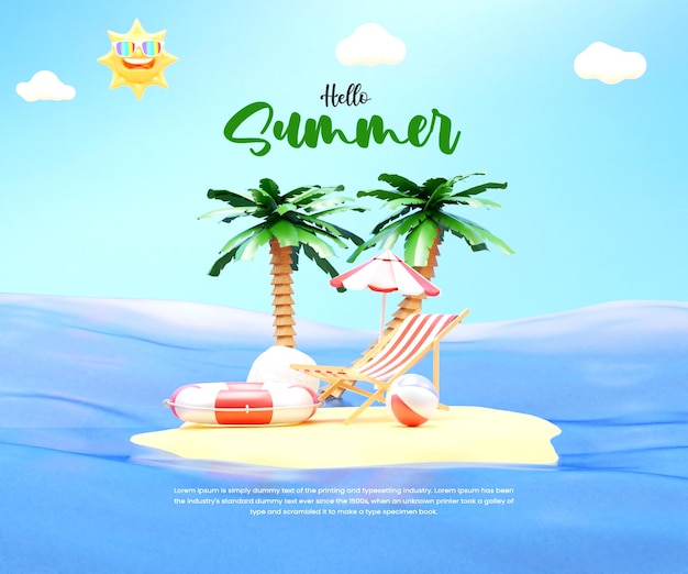 Ciao disegno dell'insegna del fondo di vacanze estive con la sedia e la sfera di spiaggia dell'ombrellone della palma