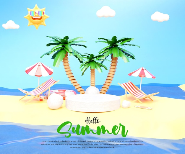 Ciao disegno dell'insegna del fondo di vacanze estive con la sedia e la sfera di spiaggia dell'ombrellone della palma