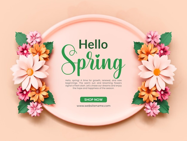 Ciao modello di banner di primavera con fiore margherita