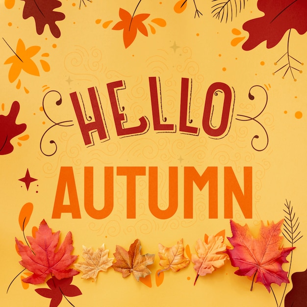 Ciao testo autunnale con foglie secche