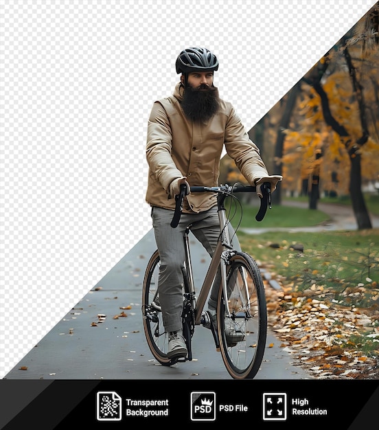 Un ciclista barbudo atractivo y serio con un sombrero protector de pie en el camino para bicicletas en un parque png psd