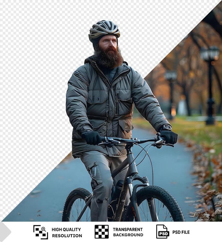 PSD ciclista barbudo atraente e sério com capacete protetor de cabeça de pé na ciclovia em um parque png psd