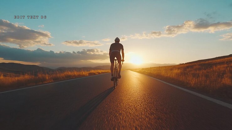 PSD ciclista montando bicicleta de estrada no pôr do sol em rodovia aberta