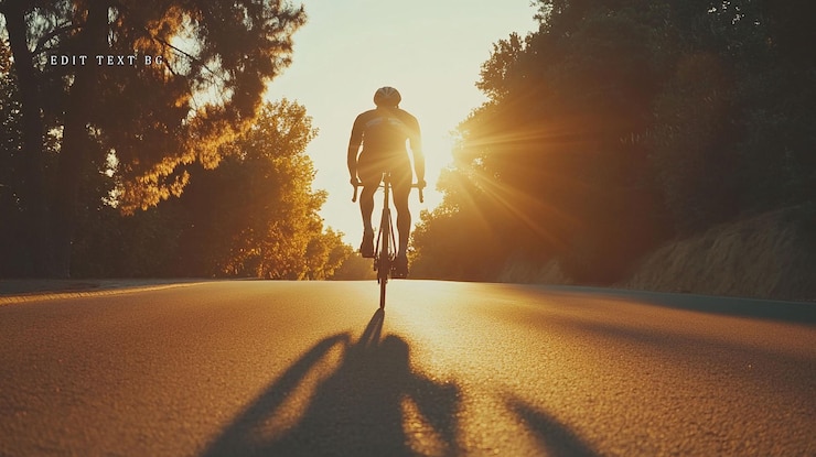 PSD ciclista montando bicicleta de estrada no pôr do sol em silhueta contra o sol