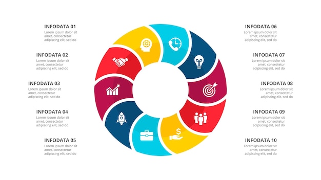 Ciclo di un diagramma infografico con 10 opzioni o passaggi Diapositiva per la presentazione aziendale