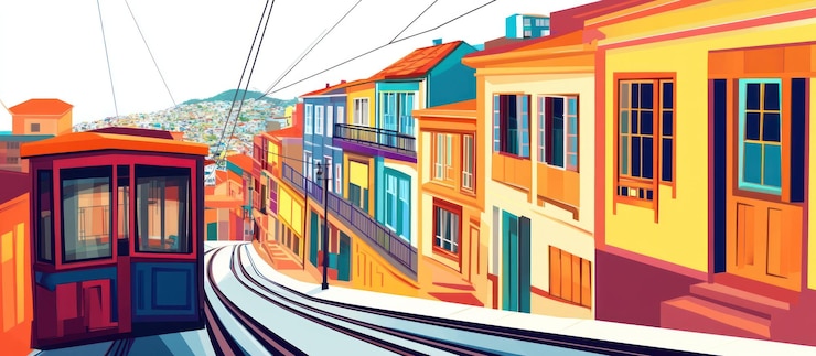 PSD cidade colorida na encosta com funicular 1