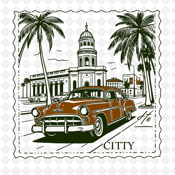 PSD cidade de havana com selo monocromático coral color decoração de carros antigos efeito de cartão postal angustiado pa