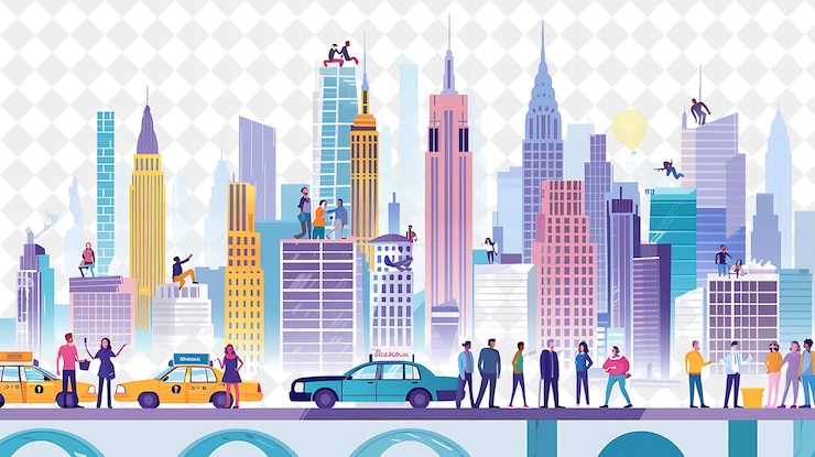 PSD cidade de nova york com personagens tendo uma festa no telhado desenho pessoas estilo de vida ilustração plana