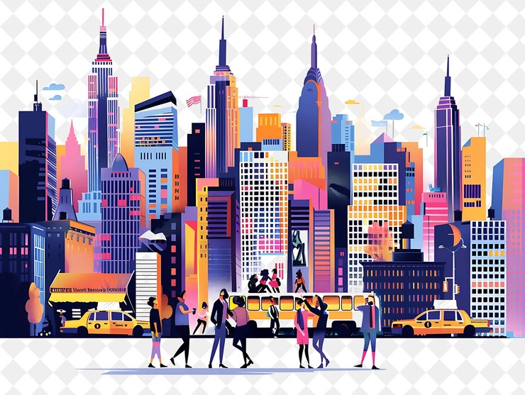 PSD cidade de nova york com personagens tendo uma festa no telhado desenho pessoas estilo de vida ilustração plana