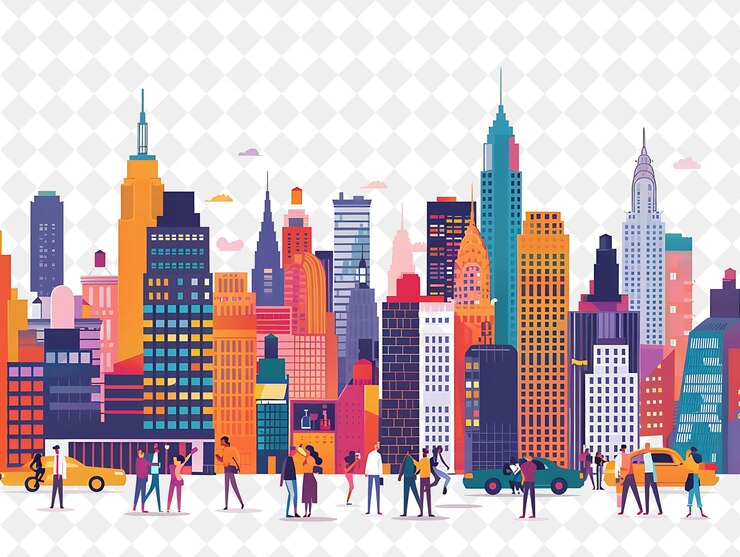 PSD cidade de nova york com personagens tendo uma festa no telhado desenho pessoas estilo de vida ilustração plana
