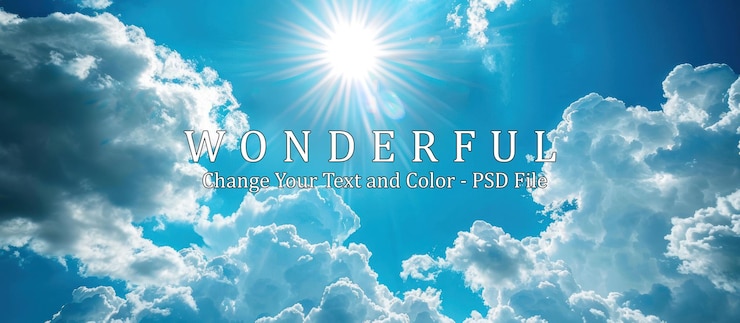 PSD ciel bleu avec des nuages et la réflexion du soleil