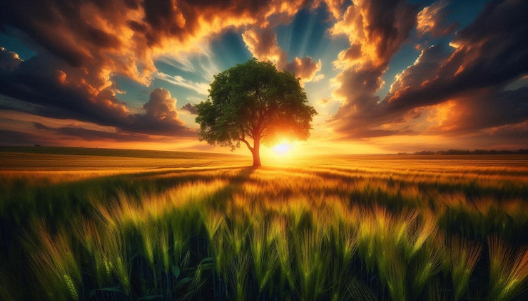 PSD un ciel de coucher de soleil vibrant avec des arbres et des champs