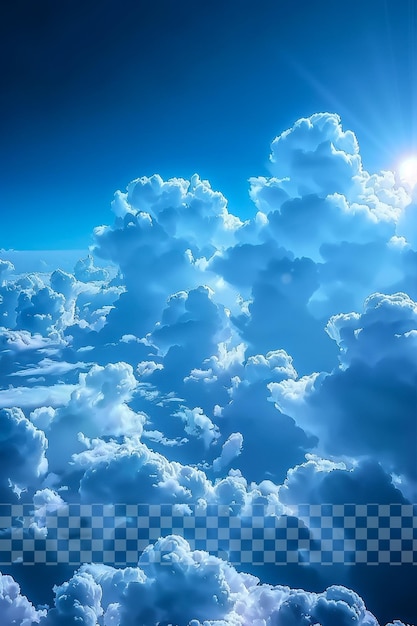 El cielo azul está cubierto de nubes blancas creando una atmósfera serena sobre un fondo transparente
