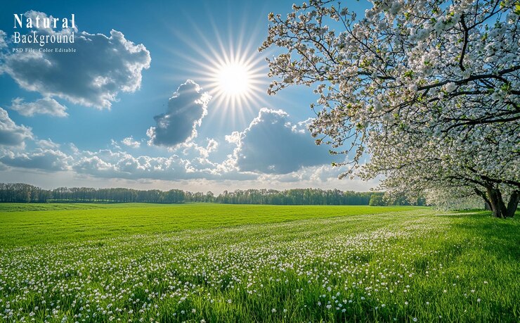 PSD cielo azul nubes blancas y fondo de pastizales verdes con palomas voladoras flores en el suelo