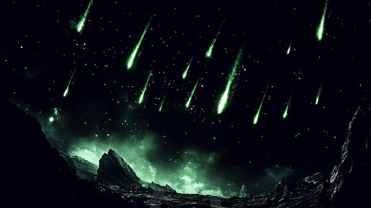 PSD el cielo nocturno iluminado por una lluvia de meteoritos verdes sobre el oscuro paisaje rocoso