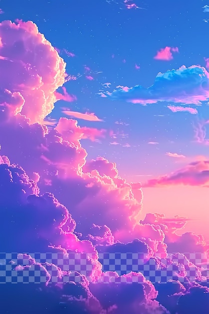 Cielo rosa y azul con nubes en la caricatura sobre un fondo transparente