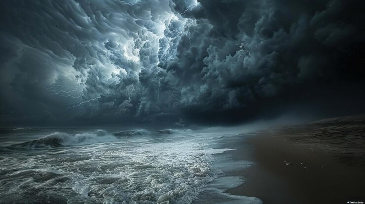 PSD un cielo tormentoso sobre una playa con olas estrelladas