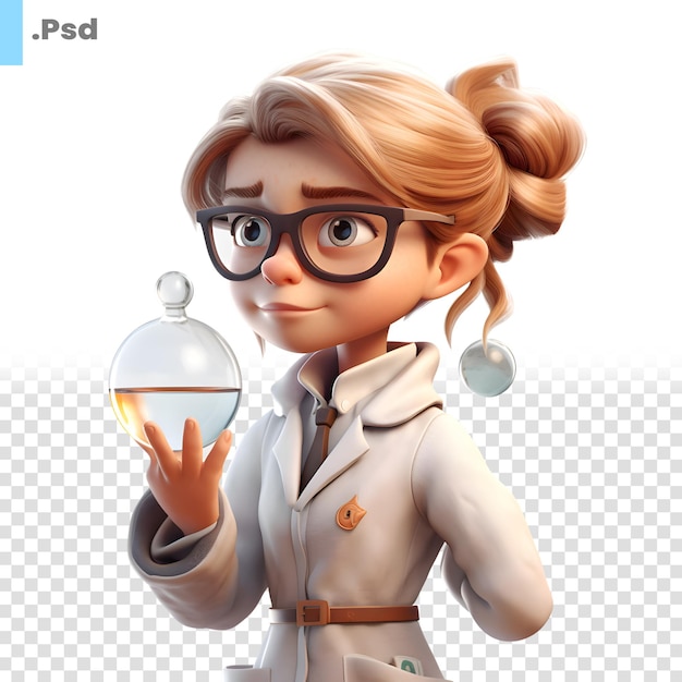 PSD científica chica linda con un frasco en la mano plantilla psd de renderización 3d