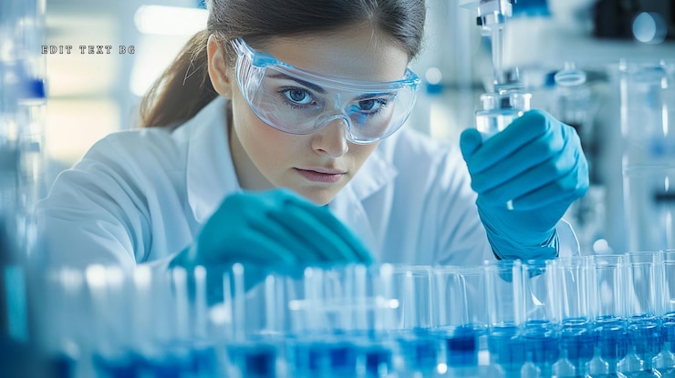 PSD científica enfocada con bata de laboratorio y gafas de seguridad examina cuidadosamente muestras en tubos de ensayo